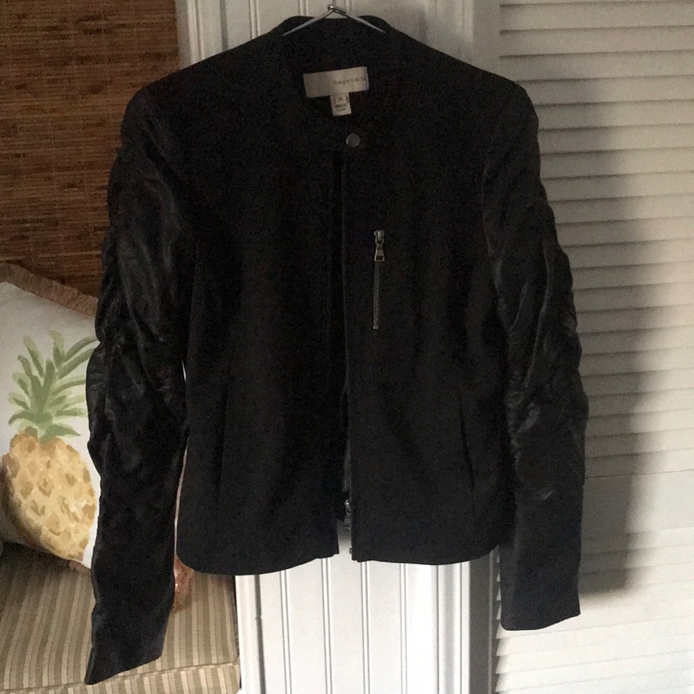Bagatelle mixed media leather sleeved moto jacket